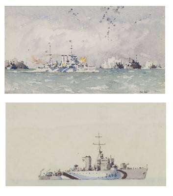 Lot 131 - δ NORMAN WILKINSON (BRITISH, 1878-1971) A dazzle camouflage cruiser escorting a convoy and returning fire whilst under aerial attack