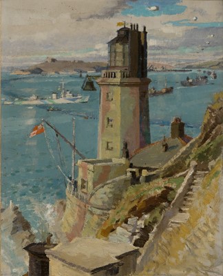 Lot 135 - δ JOHN EDGAR PLATT (BRITISH, 1886-1967) Study for ‘A convoy arriving off St Anthony Lighthouse, Falmouth’
