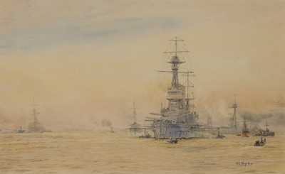Lot 98 - WILLIAM LIONEL WYLLIE (BRITISH, 1851-1931) A squadron of Dreadnoughts resting at anchor with sponson booms out