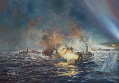 Lot 70 - δ GEOFFREY WILLIAM HUNT (BRITISH, B. 1948) H.M. Submarine ‘E15’ stranded off Fort Darados, Kepez Point in the Dardanelles, with the picket boats of H.M. Battleships 'Triumph' and 'Majestic'