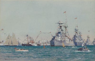 Lot 113 - δ NORMAN WILKINSON (BRITISH, 1878-1971) The Coronation Fleet Review of May 1937 with Battleships dressed overall