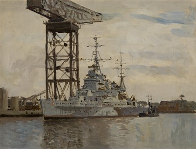 Lot 143 - δ NORMAN WILKINSON (BRITISH, 1878-1971) H.M.S. ‘Vanguard’ by the Titan Crane, John Brown & Co., Clydebank