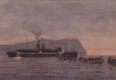 Lot 71 - δ NORMAN WILKINSON (BRITISH, 1878-1971) A Hospital ship receiving casualties at Suvla Bay, Gallipoli 1915