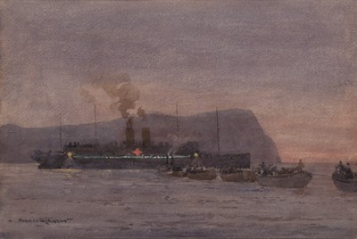 Lot 72 - δ NORMAN WILKINSON (BRITISH, 1878-1971) A Hospital ship receiving casualties at Suvla Bay, Gallipoli 1915