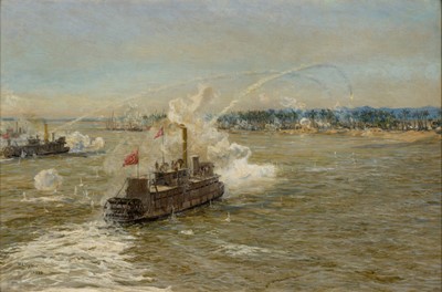 Lot 24 - WILLIAM LIONEL WYLLIE (BRITISH, 1851-1931) The Turkish stern-wheel gunboats ‘Tamai’, ‘Abu Klea’ & ‘Metemmeh’, bombarding Hafir with rockets and shellfire, 18th September 1896
