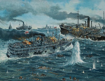 Lot 126 - δ ROBERT BANKS (BRITISH, 1911-C.2001) H.M. Patrol Ship 'Li Wo' attacks the Japanese invasion force approaching Sumatra, 1942
