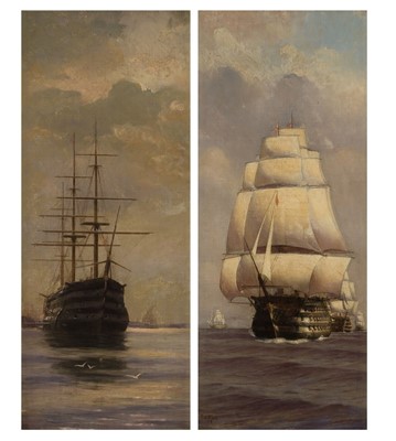 Lot 17 - ALMA CLAUDE BURLTON CULL (ENGLISH, 1880-1931) ‘Victory’ leading her column at the Battle of Trafalgar; ‘Victory’ becalmed at anchor