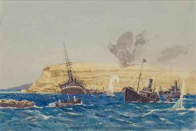 Lot 57 - δ NORMAN WILKINSON (BRITISH, 1878-1971) Shells falling on the base camp at Helles