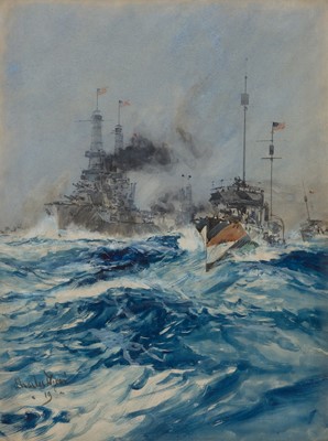 Lot 101 - CHARLES EDWARD DIXON (BRITISH, 1872-1934) An American Battleship with a screen of Destroyers at speed