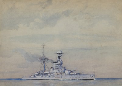 Lot 107 - ATTRIBUTED TO NORMAN WILKINSON (BRITISH, 1878-1971) H.M. Battleship 'Royal Oak' underway, circa 1932