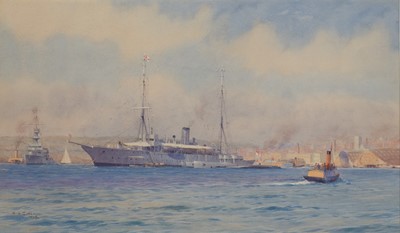 Lot 104 - ALMA CLAUDE BURLTON CULL (ENGLISH, 1880-1931) Rear-Admiral Sir Hugh Tothill aboard H.M. Yacht 'Enchantress' anchored at Portsmouth
