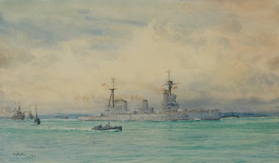 Lot 77 - WILLIAM LIONEL WYLLIE (BRITISH, 1851-1931) H.M.S. 'Invincible' with a Squadron of the Royal Navy on manoeuvres off a headland in World War I