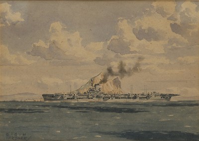 Lot 122 - δ DEREK GEORGE MONTAGUE GARDNER (BRITISH, 1914-2007) H.M.S. ‘Ark Royal’ off Gibraltar, 1941