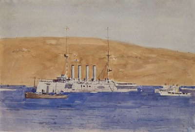 Lot 69 - δ NORMAN WILKINSON (BRITISH, 1878-1971) Rear-Admiral Wemyss flagship H.M.S. 'Euryalus' moored at the Allied base in Mudros