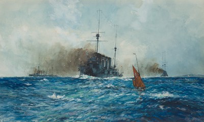 Lot 73 - WILLIAM MINSHALL BIRCHALL (BRITISH, 1884-1941) H.M. Armoured Cruiser 'Warrior' patrolling with the 1st Cruiser Squadron off the French Coast, 1916