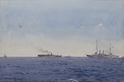 Lot 58 - δ NORMAN WILKINSON (BRITISH, 1878-1971) Balloon-ship 'Hector' with kite balloon up, "spotting" off the left flank