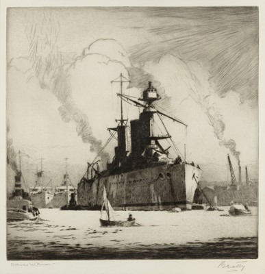 Lot 74 - δ NORMAN WILKINSON (BRITISH, 1878-1971) H.M.S. ‘Lion’ anchored in company with other shipping