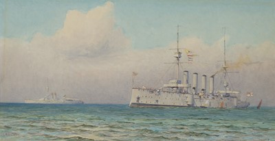 Lot 40 - ALMA CLAUDE BURLTON CULL (BRITISH, 1880-1931) H.M. Battleship. ‘Vengeance’ and H.M. Protected Cruiser ‘Ariadne’