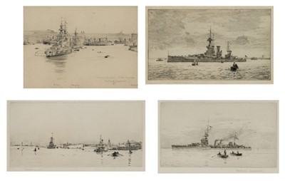 Lot 142 - δ ROWLAND JOHN ROBB LANGMAID (BRITISH, 1897-1956) Ground harbour Malta with H.M. Battleships ‘Nelson’ and ‘Warspite’, August 1945