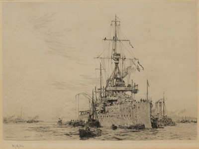 Lot 36 - WILLIAM LIONEL WYLLIE (BRITISH, 1851-1931) H.M.S. ‘Dreadnought’ raising steam at her mooring