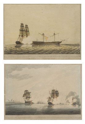 Lot 21 - TWO EARLY 19TH CENTURY HAND-COLOURED AQUATINTS OF THE ENGAGEMENT BETWEEN H.M.S. SEAHORSE AND THE TWO TURKISH FRIGATES THE BADERE ZAFFER AND THE ALIS-FEZAN, 5 JULY 1808