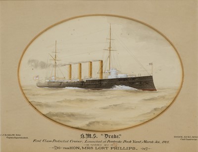 Lot 26 - ENGLISH SCHOOL (20TH CENTURY) H.M. Armoured Cruiser ‘Drake’