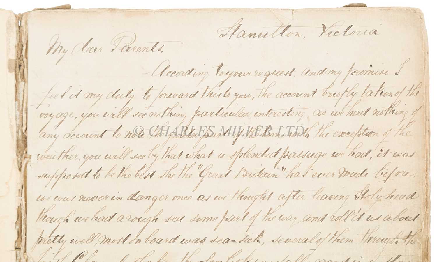 Lot 37 - A RARE ACCOUNT OF A THIRD CLASS PASSENGER'S VOYAGE TO AUSTRALIA ABOARD THE S.S. 'GREAT BRITAIN' IN 1871